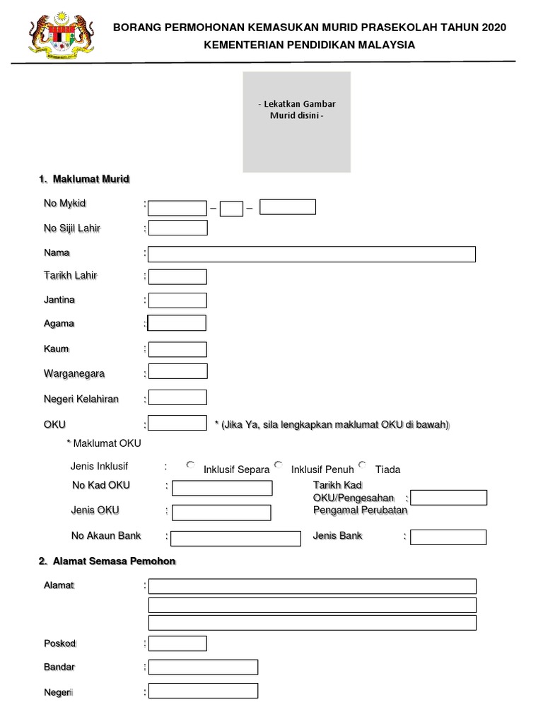 Borang Permohonan Manual Kemasukan 2020 Prasekolah Pdf