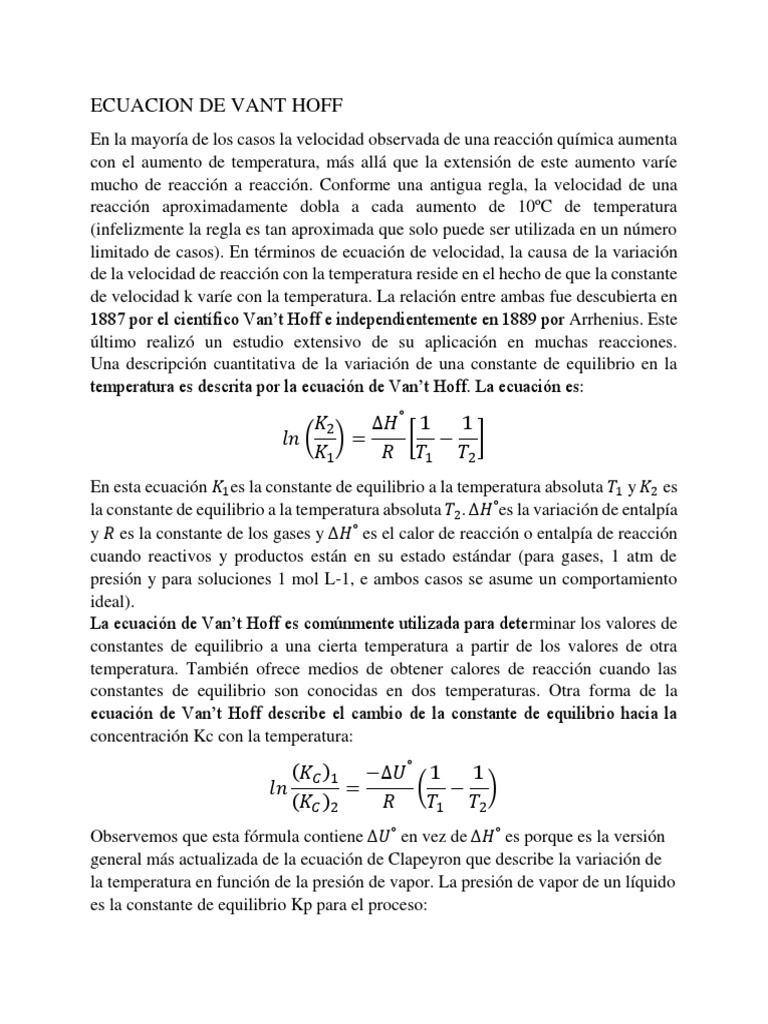 Ecuacion de Vant Hoff PDF Equilibrio químico Gases