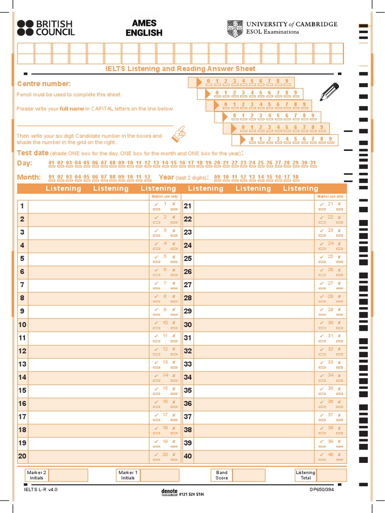 Centre Number: IELTS Listening and Reading Answer Sheet | PDF ...