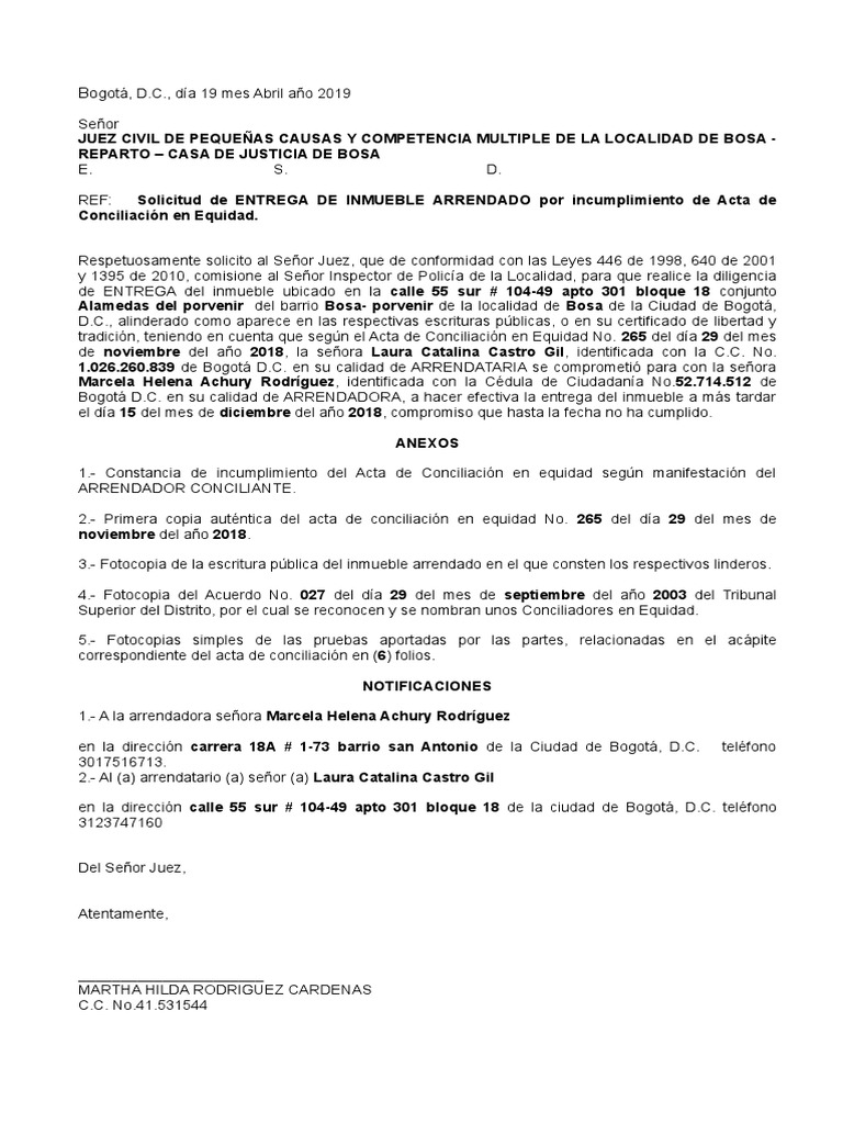 Formato Solicitud Entrega de Inmueble Arrendado  Bogotá  Política