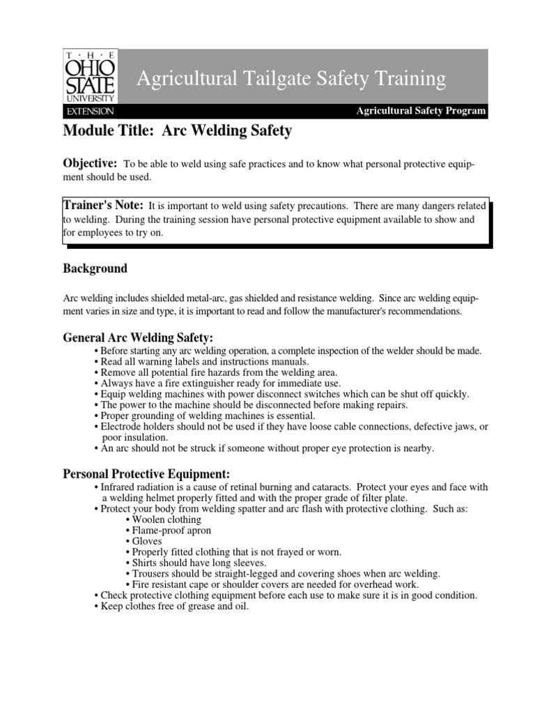 Agricultural Tailgate Safety Training Module Title Arc Welding Safety