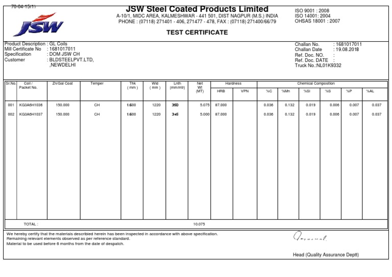 JSW Steel Test Certificate Overview | PDF | Engineering | Production ...