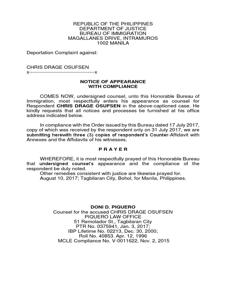 Notice of Appearance in Deportation Case | PDF