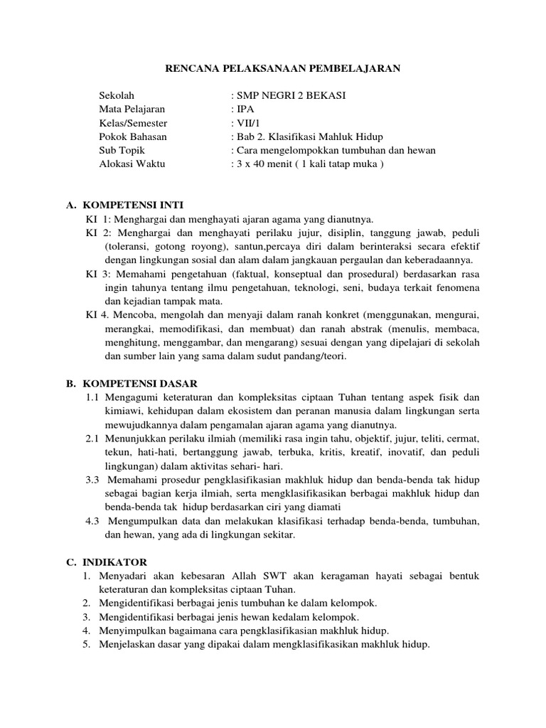 Rpp Kelas Vii Bab 2 Klasifikasi Makhluk Hidup Docx