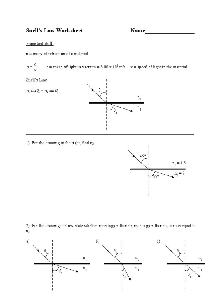 Refraction Worksheet 1 | PDF | Refraction | Speed Of Light