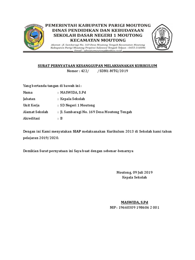 Surat Pernyataan Sanggup Melaksanakan Kurikulum