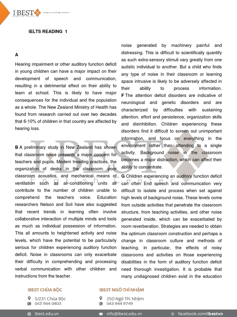 IELTS Academic Reading 1 | PDF | Hearing Loss | Classroom