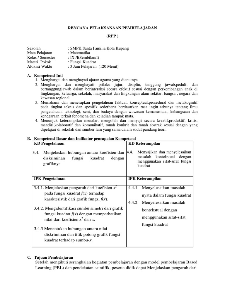 Rpp Fungsi Kuadrat Kd 3 4 Dan 4 4 Docx