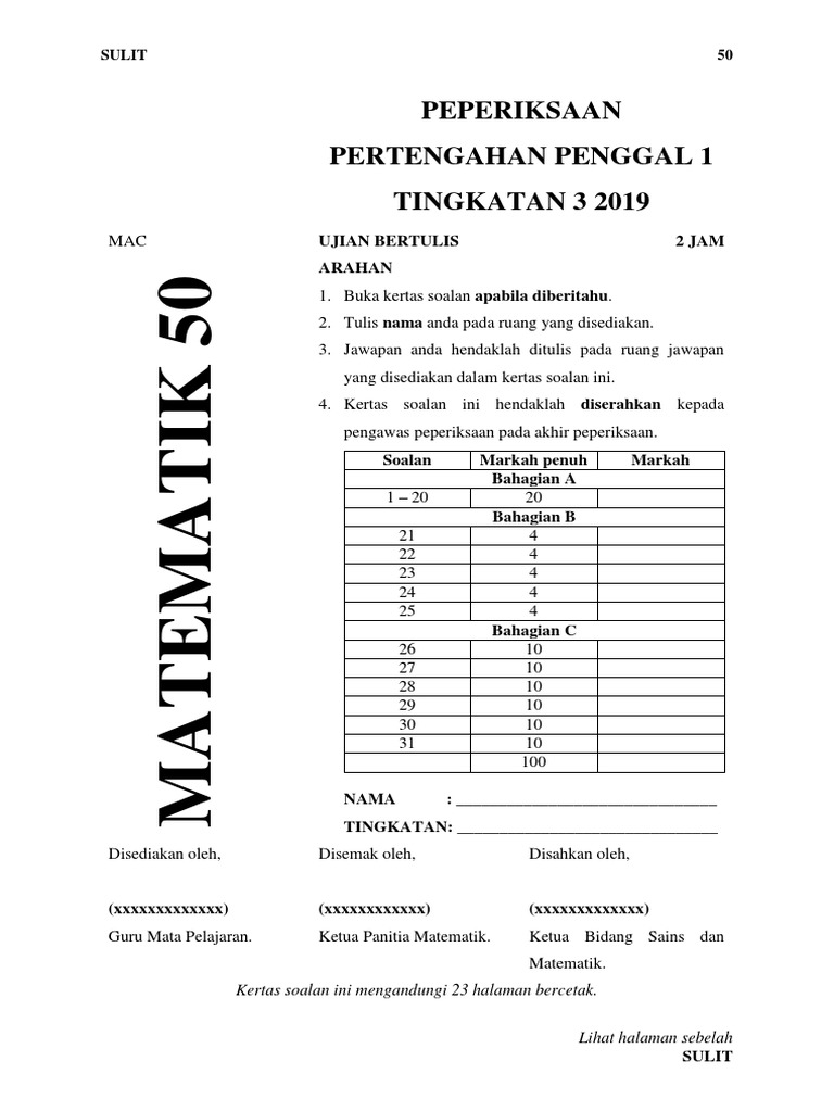 Soalan Ujian Matematik Tingkatan 3 Kssm Pdf