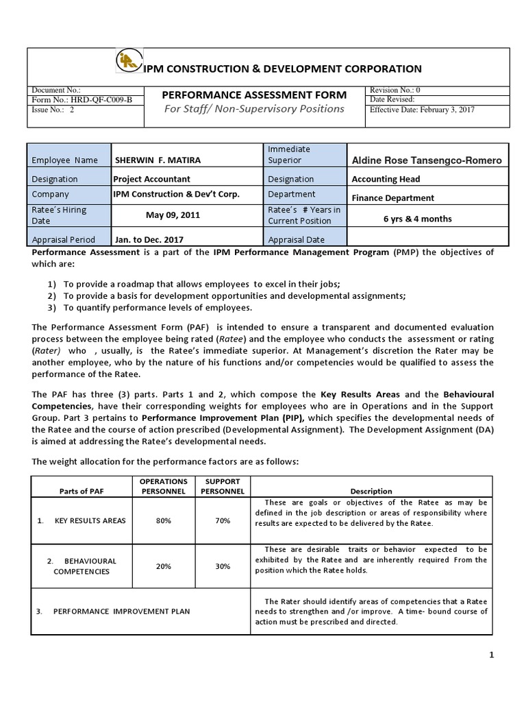 IPM. Performance Assessment Form - PA CDC - Sherwin | Download Free PDF ...