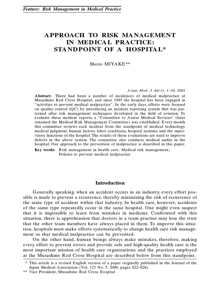 Approach To Risk Management in Medical Practice Standpoint of A Hospital PDF Risk
