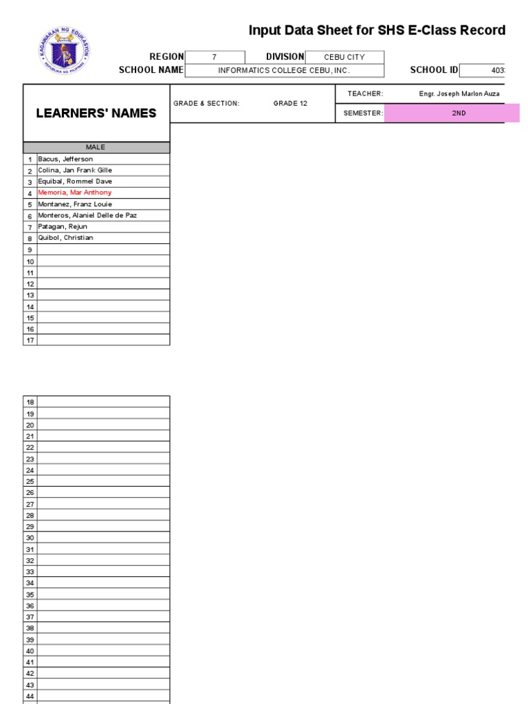 SHS E-Class Record for Grade 12 | PDF | Learning