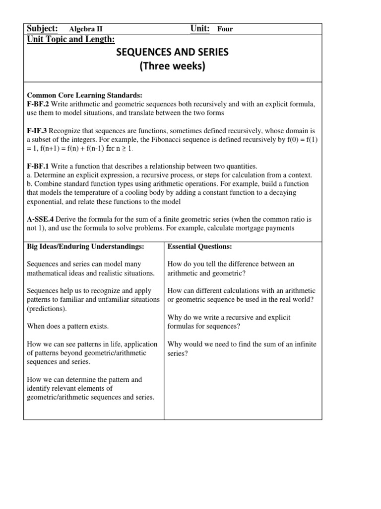 Unit 7 Sequences and Series Unit Plan | PDF | Sequence | Recursion