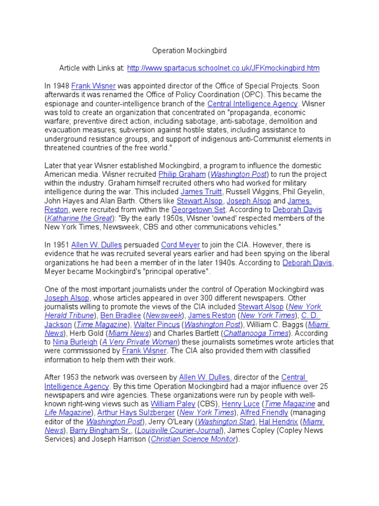 Overview of Operation Mockingbird | PDF | Central Intelligence Agency ...