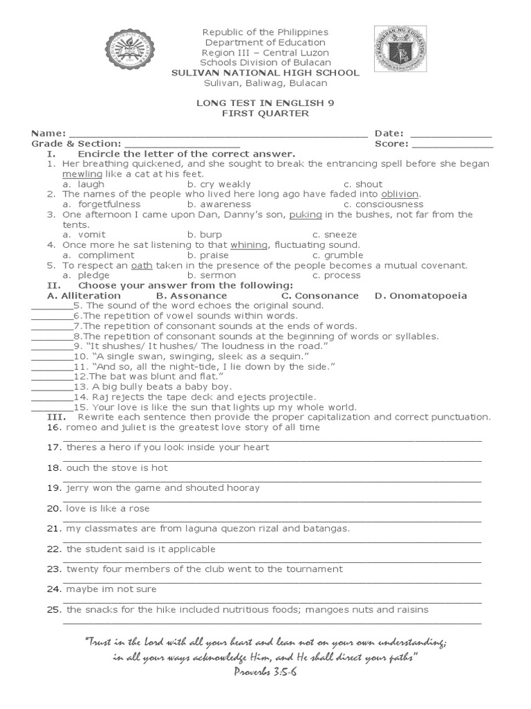 English 9 Quarter 1 Long Test | PDF | Oral Communication | Semiotics