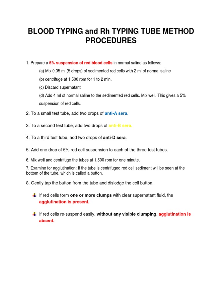 BLOOD TYPING and RH TYPING TUBE METHOD PROCEDURES PDF