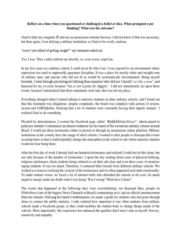 Reflect On A Time When You Questioned or Challenged A Belief or Idea ...