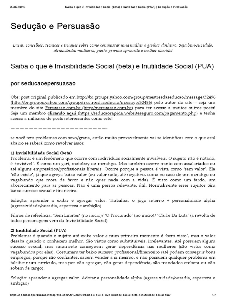 Saiba o Que É Invisibilidade Social (Beta) e Inutilidade Social (PUA) Sedução e Persuasão