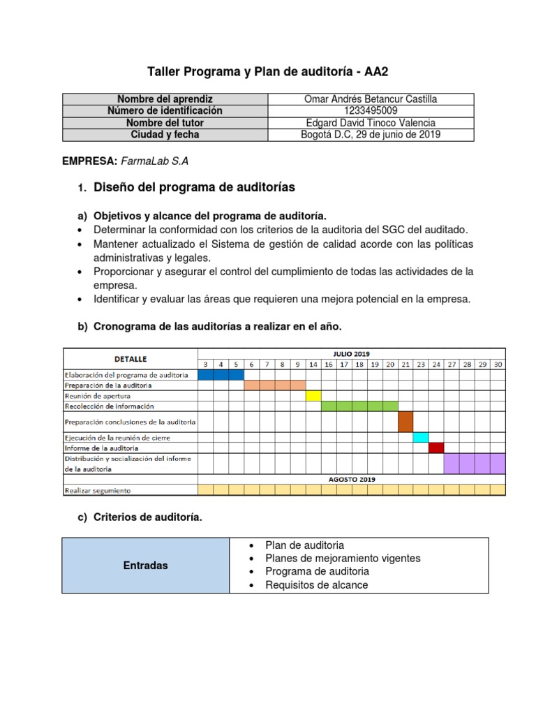 Taller Programa y Plan de Auditoría | PDF | Planificación | Auditoría