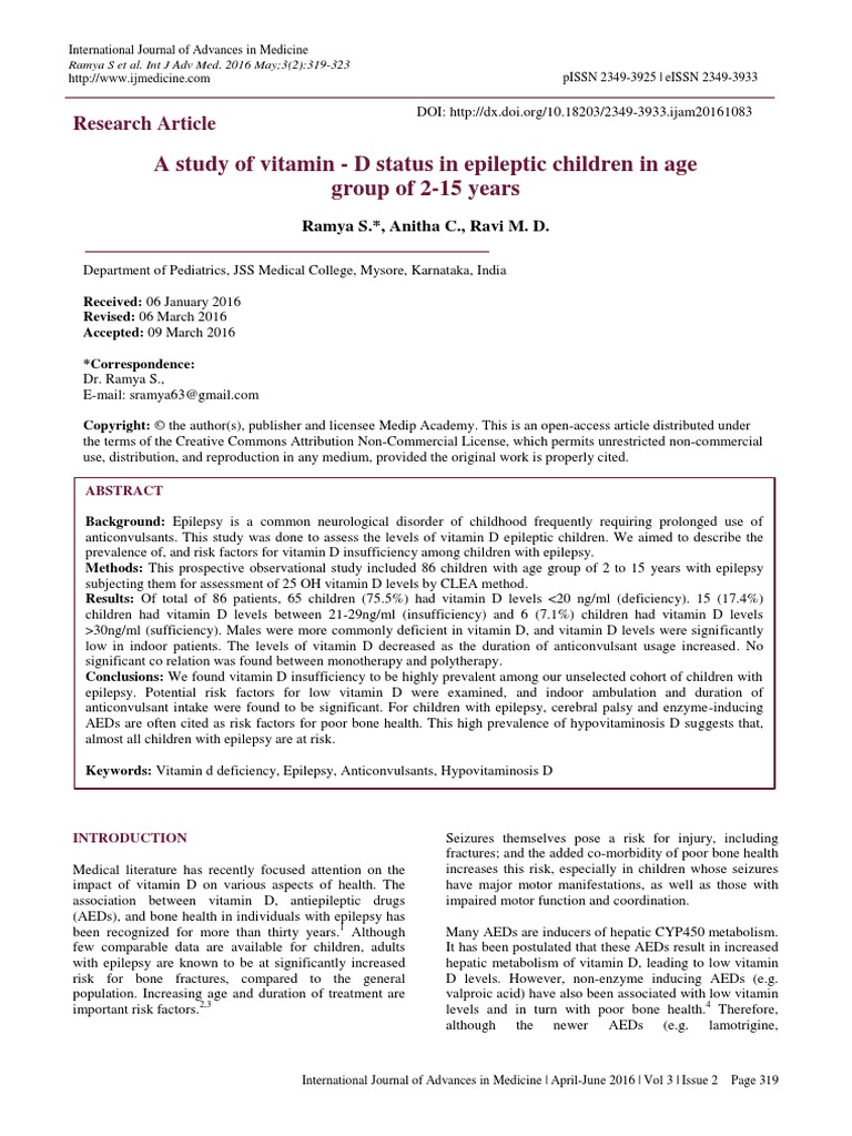 A Study of Vitamin D Status in Epileptic Children in Age Group of 2
