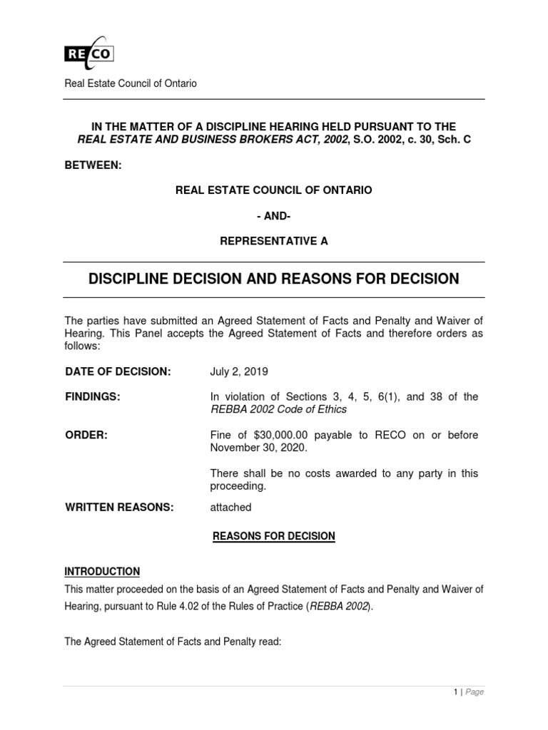 Discipline Decision and Reasons For Decision Real Estate and Business