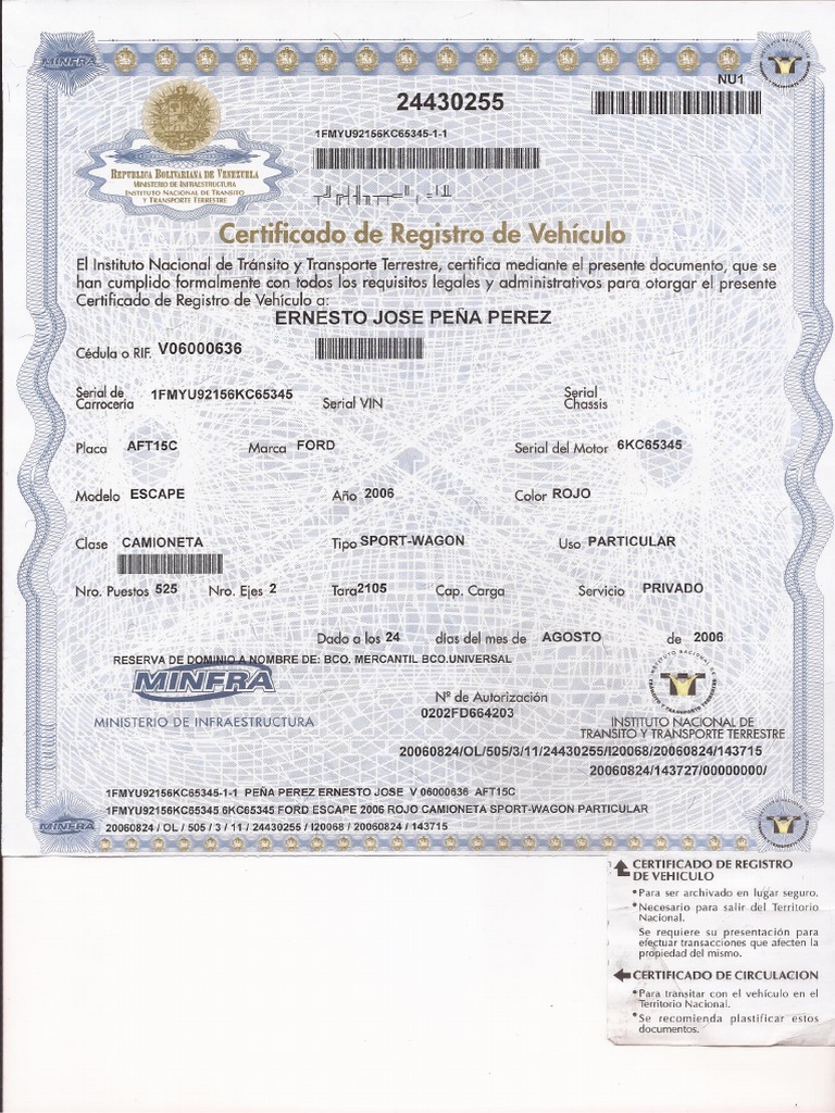 Certificado Reg Veh 00 PDF | PDF