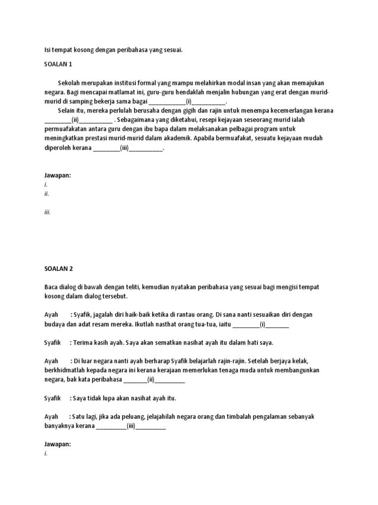 Isi Tempat Kosong Dengan Peribahasa Yang Sesuai Pdf