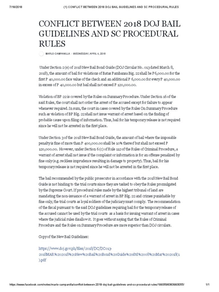 2018 DOJ Bail Guidelines vs. SC Rules | PDF | Bail | Arrest