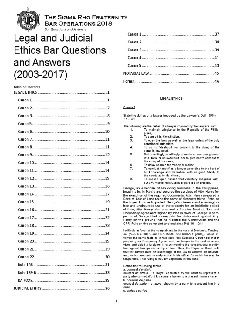 Legal and Judicial Ethics Bar Questions and Answers (20032017) PDF
