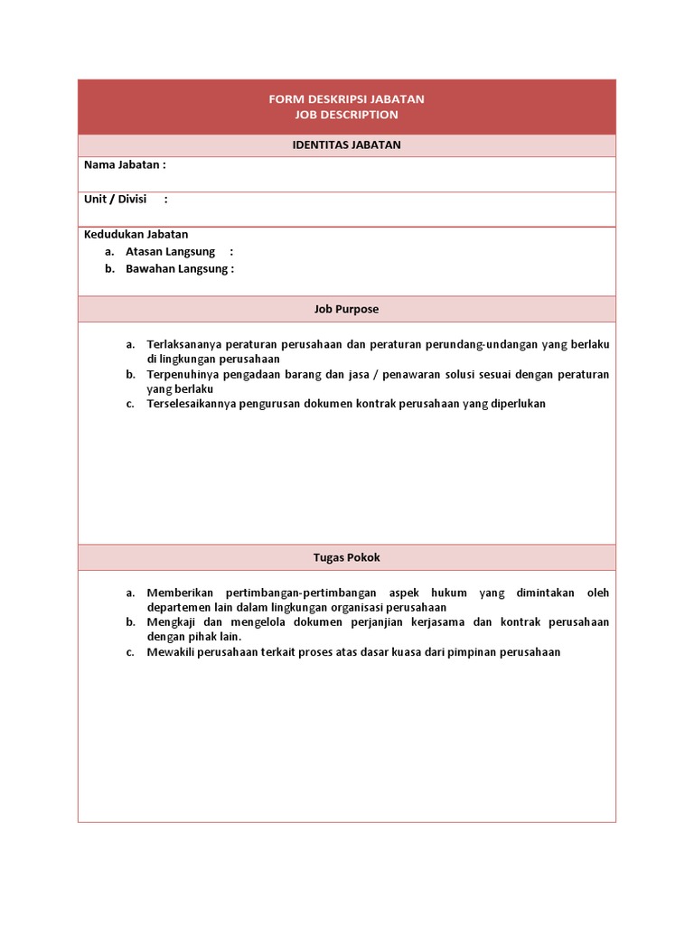 Contoh Form Job Description Karyawan | PDF
