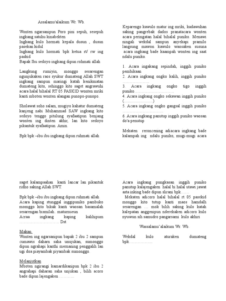 Contoh Teks Mc Halal Bihalal Bahasa Jawa Pranatacara