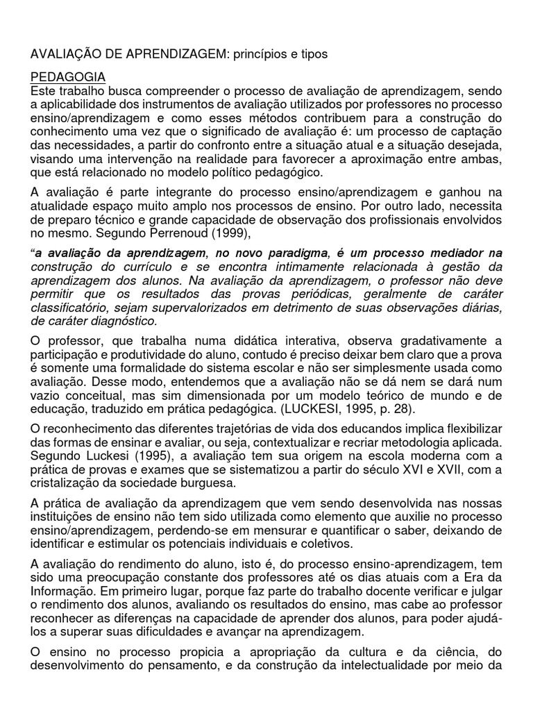 Princípios e Tipos de Avaliação da Aprendizagem | PDF | Aprendizado ...