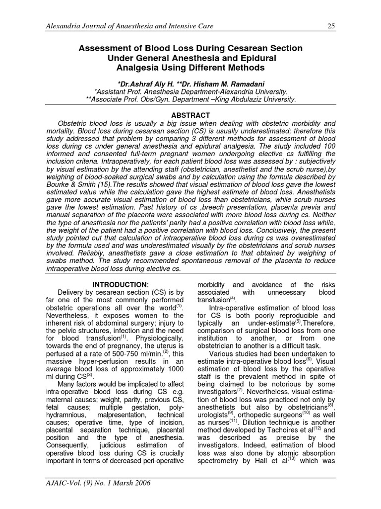 Assessment of Blood Loss During Cesarean Section Under General