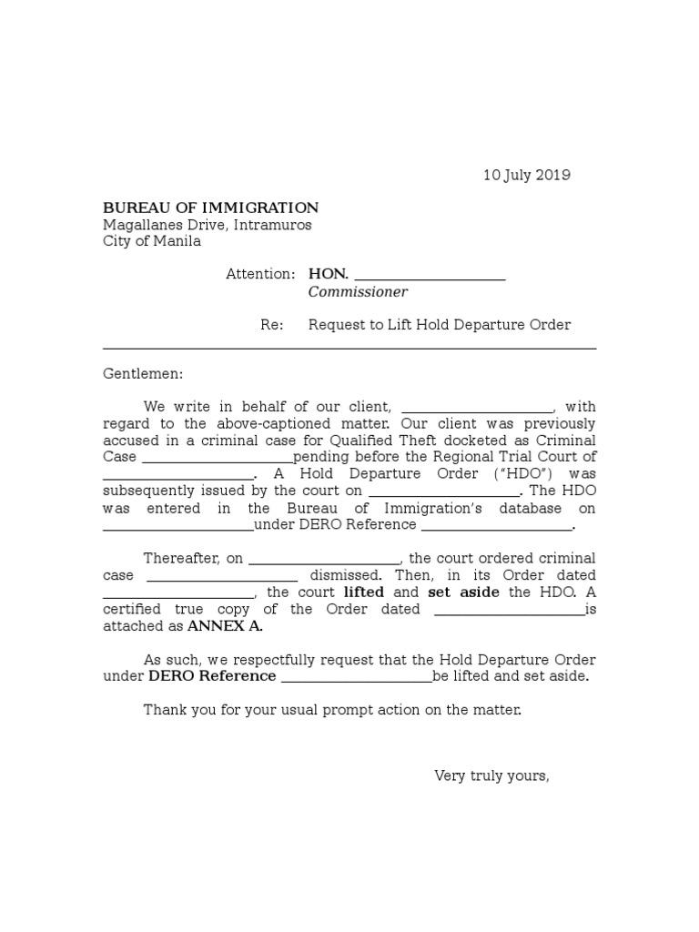 Request to Lift Hold Departure Order | PDF