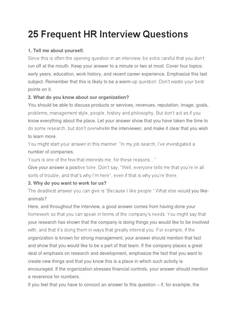 25 Frequent HR Interview Questions 1. Tell Me About Yourself PDF Question Employment
