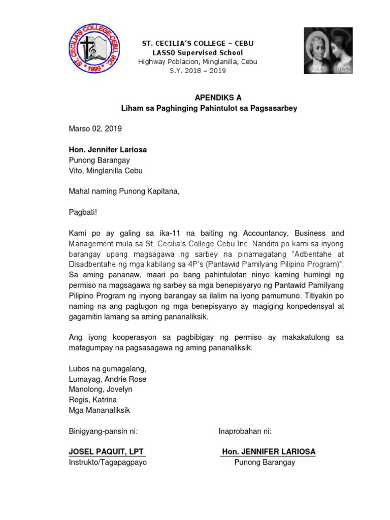 Apendiks A Liham Sa Paghinging Pahintulot Sa Pagsasarbey: Highway ...