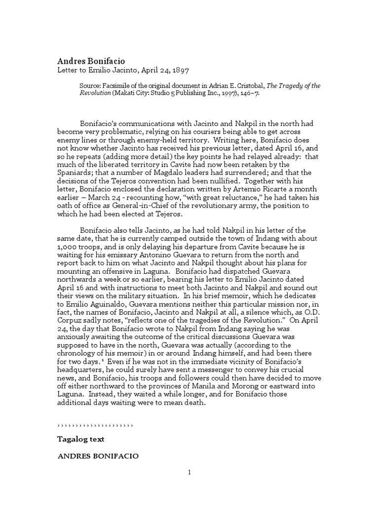 Bonifacio's Letter to Jacinto, 1897 | PDF | Independence | Philippines