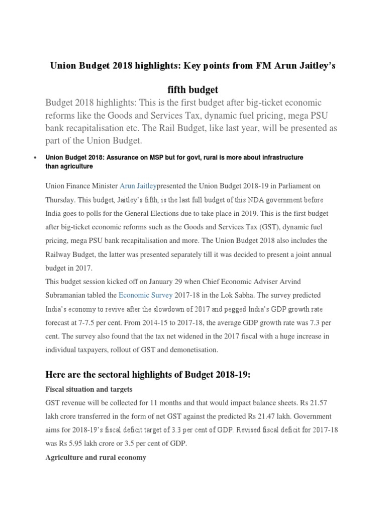 Union Budget 2018 Highlights | PDF | Capital Gains Tax | Taxes