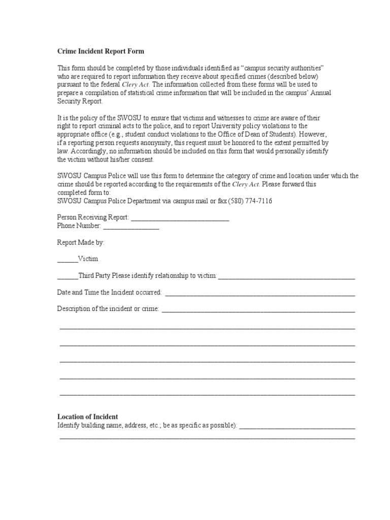 Campus Crime Incident Report Form | PDF | Assault | Crime & Violence