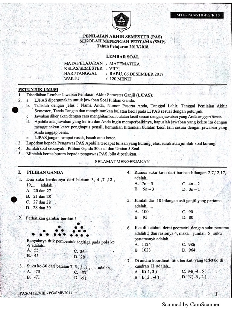 Soal Uaspas Matematika Kelas 9 Semester 1