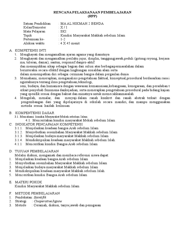 Contoh RPP Ski Ma Kelas X Kurikulum 2013 | PDF