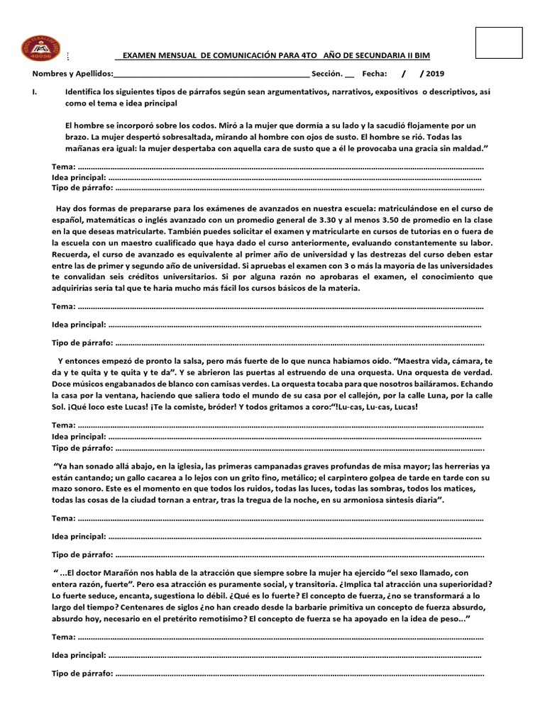 Examen Mensual de Comunicación 4to Sec. | PDF