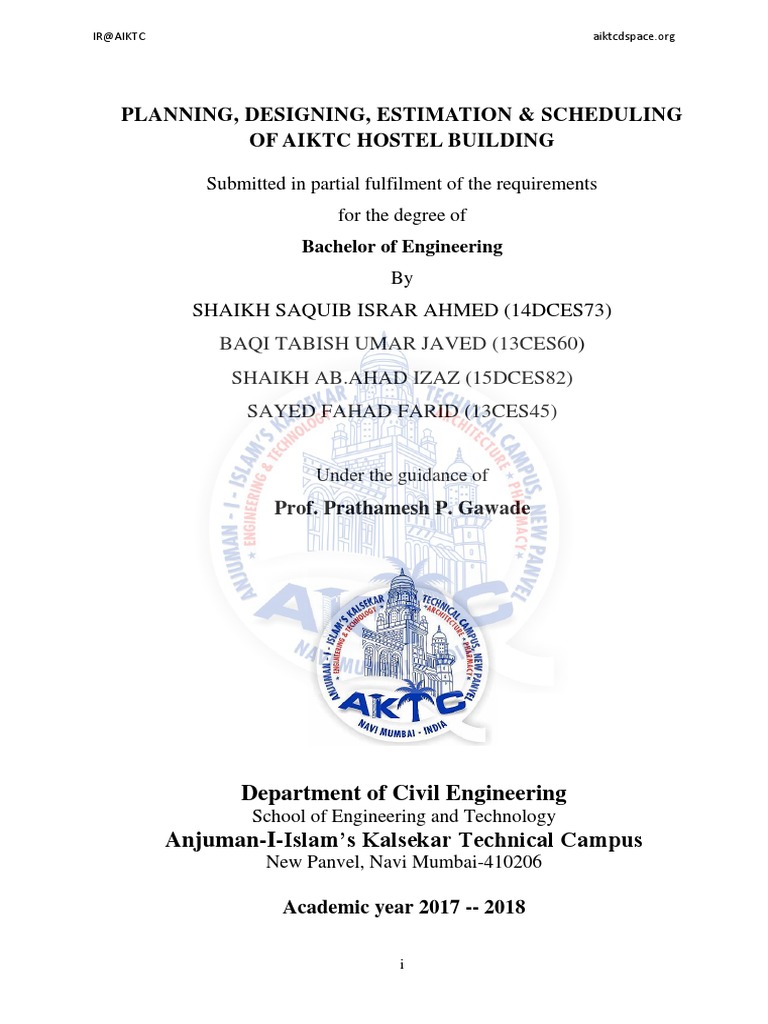 Planning, Designing, Estimation & Scheduling of Aiktc Hostel Building