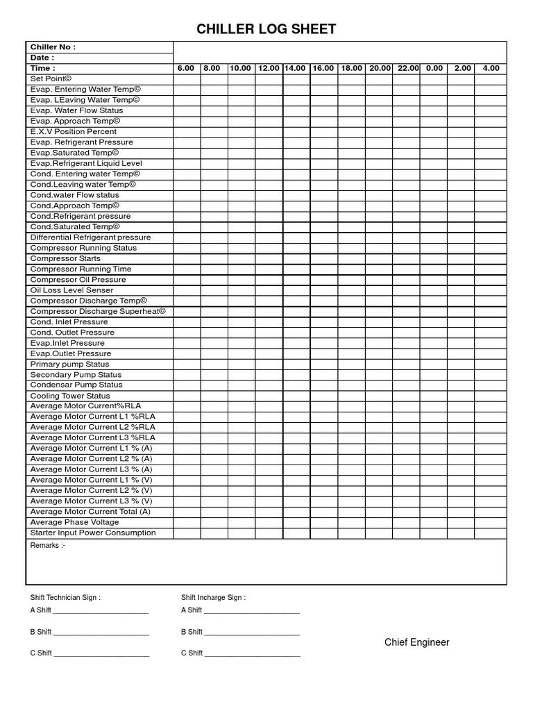 Chiller Log Sheet Chiller Log Sheet