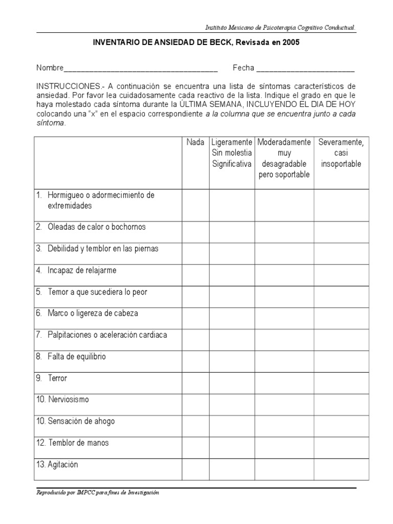 Inventario de Ansiedad de BeckEdición 2005 PDF Ansiedad Temor