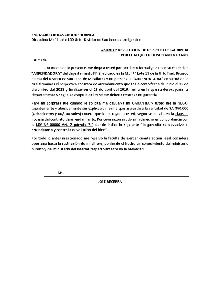 Carta Devolucion de Garantia Alquiler