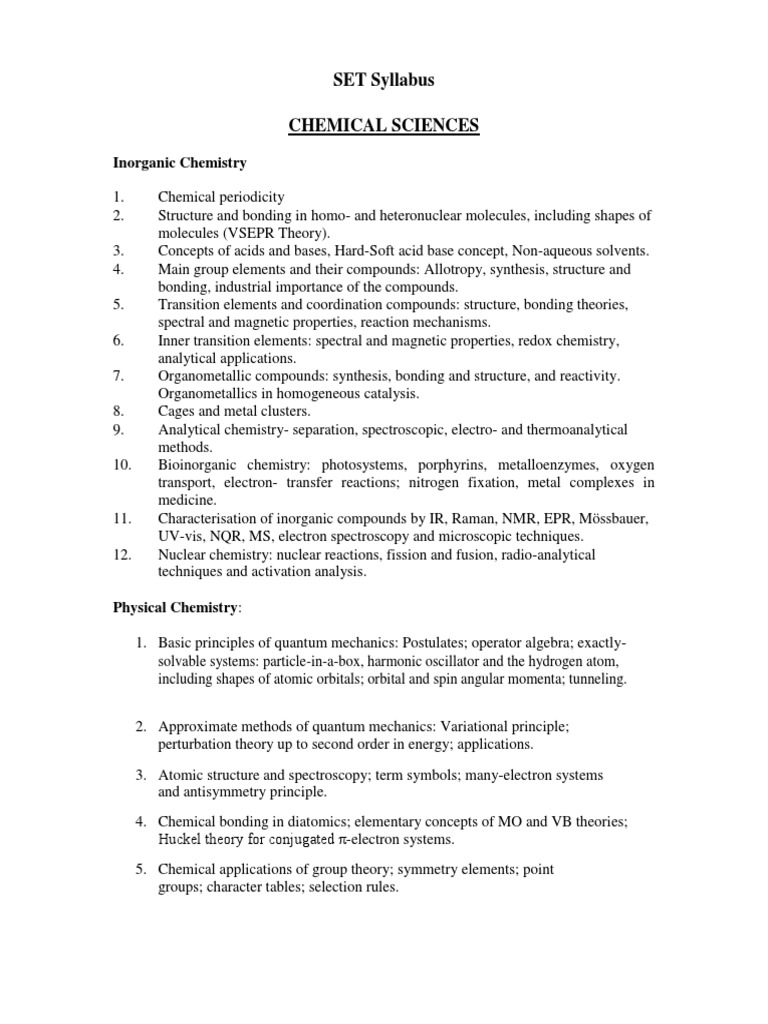 SET Syllabus Chemical Sciences Chemistry PDF Chemical