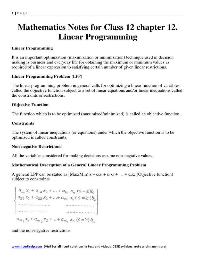Mathematics Notes and Formula For Class 12 Chapter 12. Linear ...
