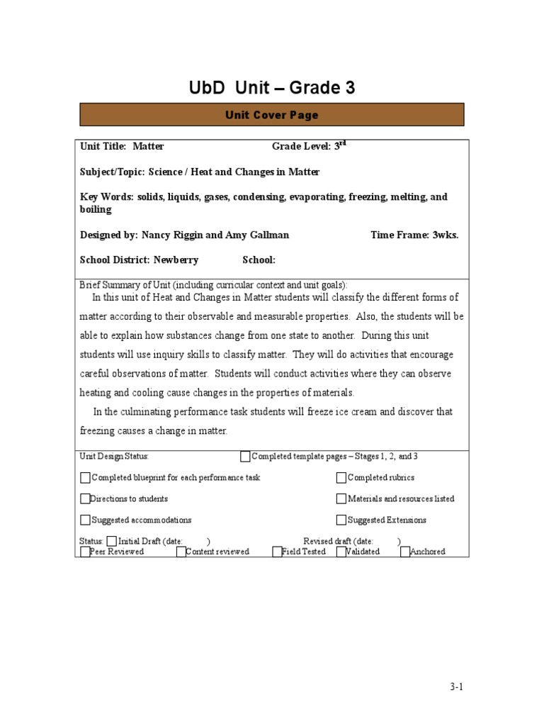 Ubd Unit - Grade 3: Brief Summary of Unit (Including Curricular Context ...