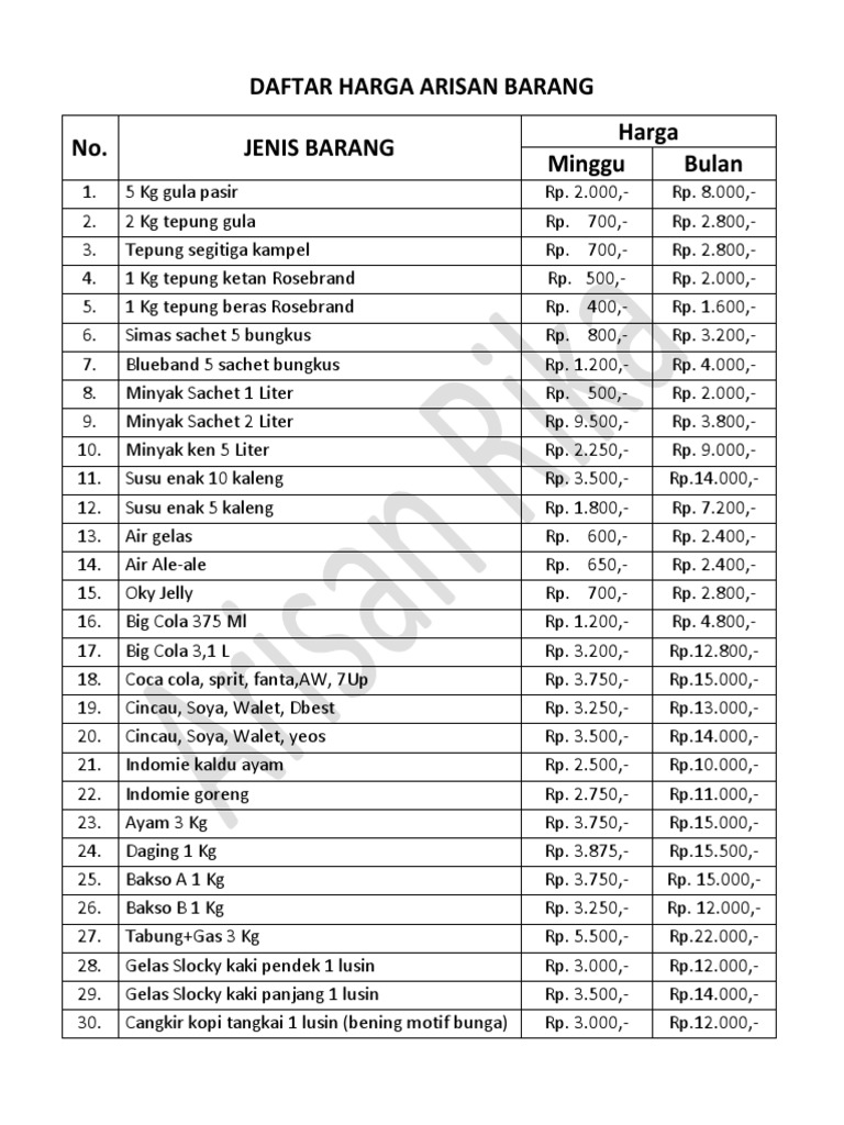 Daftar Barang Dan Harga Arisan